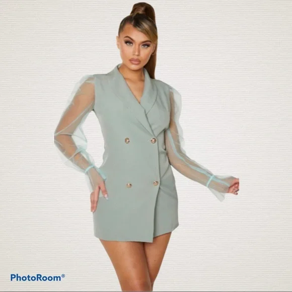 Sage Green Button Up Organza Sleeve Blazer Dress
